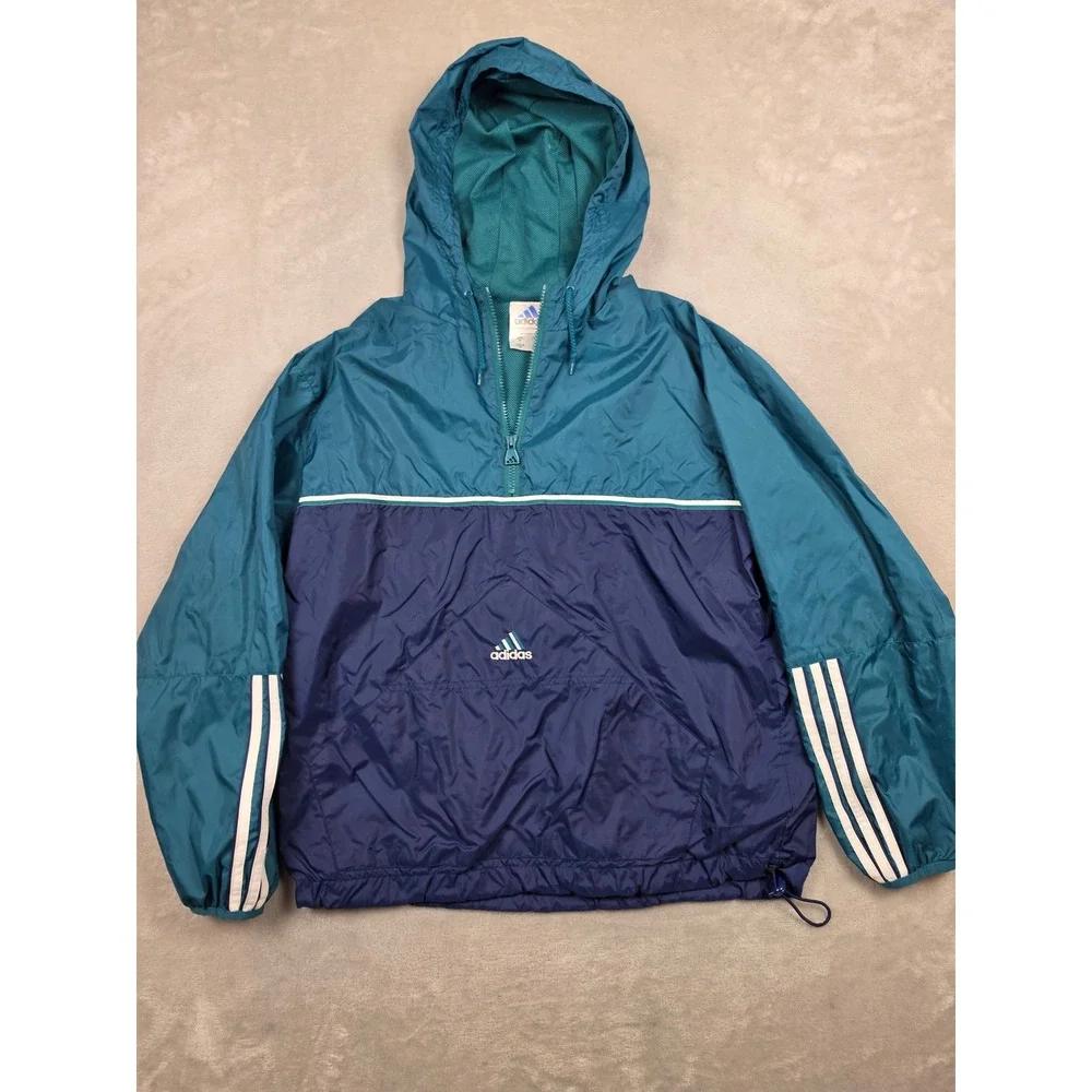 Vintage Adidas Windbreaker Jacket Mens M Blue Green Colorblock Anorak Pullover